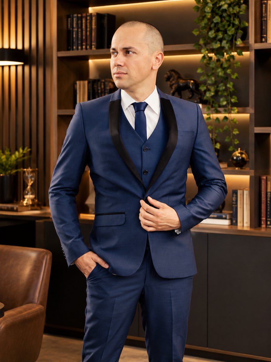 Diego Pimenta de terno azul em um escritório com estante de livros